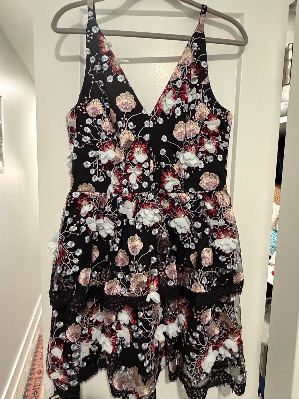 Nordstrom Black Floral Embroidered V-Neck Tiered Party Dress